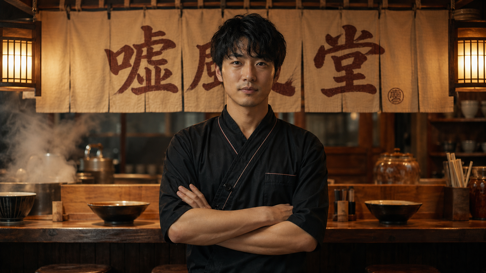 噓風堂の暖簾の前で腕組みをしている若いラーメン職人