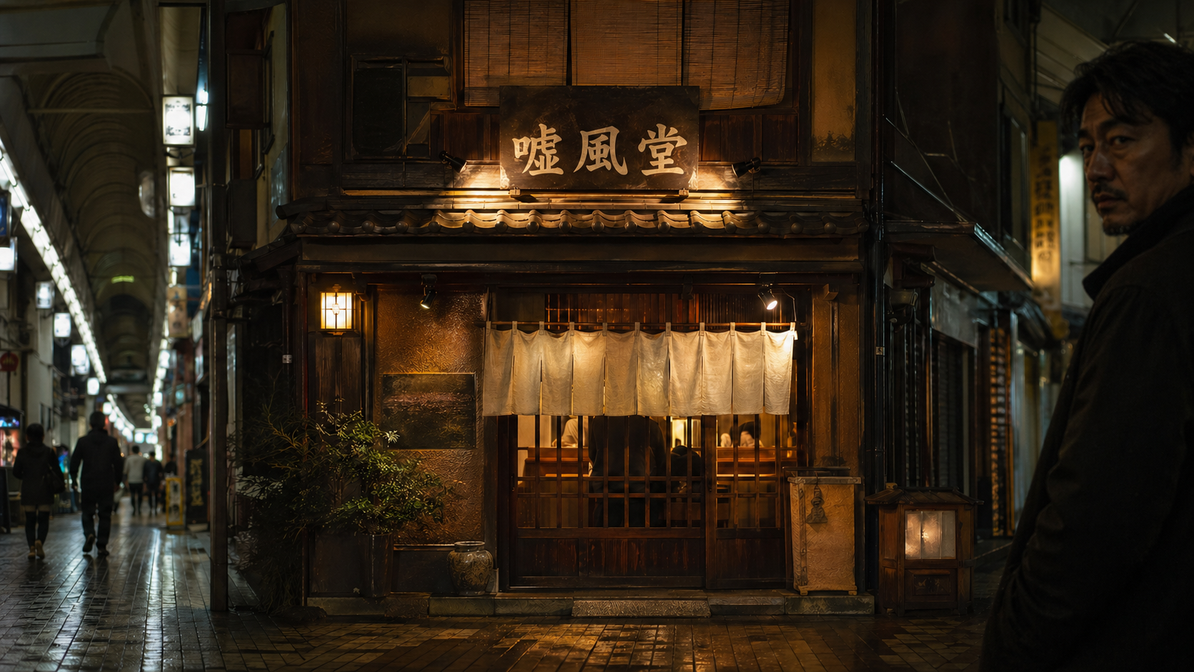 繁華街のアーケード内にある和風ラーメン店